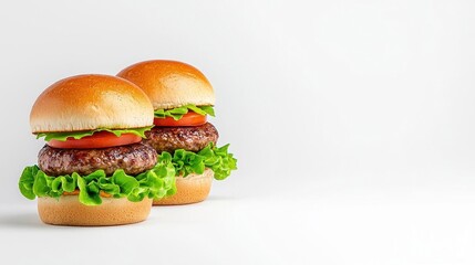 A photostock of multiple gourmet burgers with juicy patties, fresh lettuce, and buns, displayed on a white background. High Quality