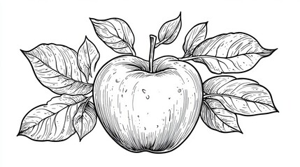 Wall Mural - line art apple illustration. black and white vector drawing of apple with leaves for coloring book