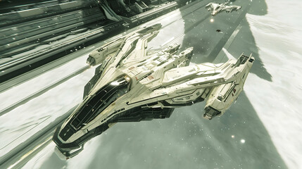 Wall Mural - spaceship flying futuristic spaceport, background planets, science fiction game artwork.