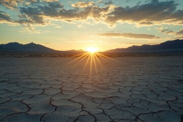 Wall Mural - sun setting over a barren desert landscape. the cracked earth in the foreground illustrates the hars