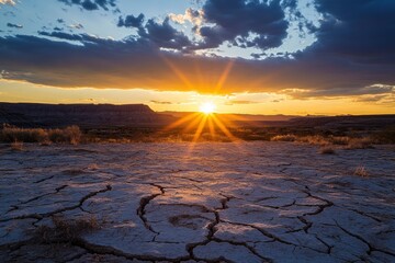 Wall Mural - sun setting over a barren desert landscape. the cracked earth in the foreground illustrates the hars