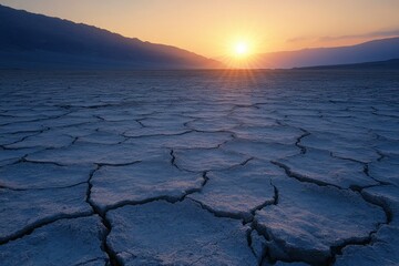 Wall Mural - sun setting over a barren desert landscape. the cracked earth in the foreground illustrates the hars