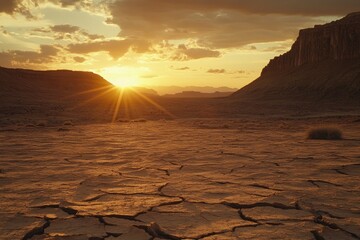 Wall Mural - sun setting over a barren desert landscape. the cracked earth in the foreground illustrates the hars