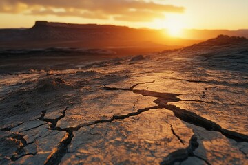 Wall Mural - sun setting over a barren desert landscape. the cracked earth in the foreground illustrates the hars