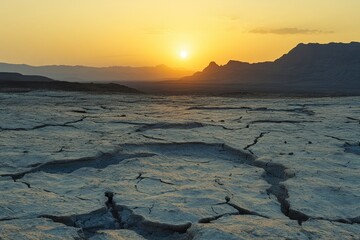 Wall Mural - sun setting over a barren desert landscape. the cracked earth in the foreground illustrates the hars