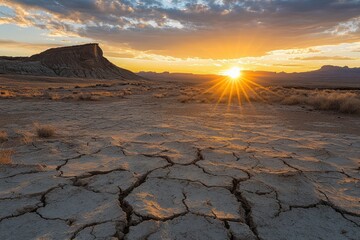 Wall Mural - sun setting over a barren desert landscape. the cracked earth in the foreground illustrates the hars