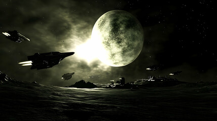Wall Mural - alien spaceships attacking lunar base under green moon.