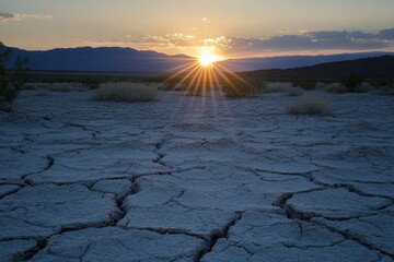 Poster - Sun setting over a barren desert landscape. The cracked earth in the foreground illustrates the harsh conditions of this unforgiving environment