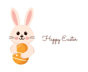 Greeting card, design for holiday card and Easter day invitation with cute Easter bunny holding a painted egg in his paws Vector illustration on white background.