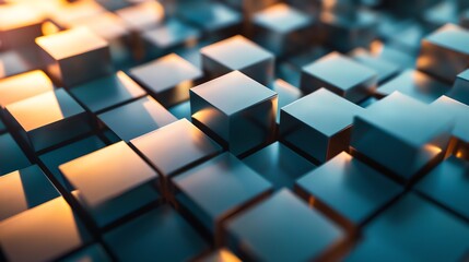 Wall Mural - abstract background of a blue, shiny, and metallic cube pattern with a soft orange glow.