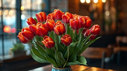 Poster - A bouquet of bright red tulips sits elegantly in a blue vase on a wooden table. Soft natural light streams through large windows, enhancing the warm atmosphere of a spring day.