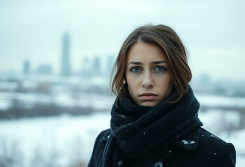 female portrait in winter landscape with cityscape