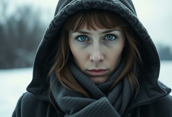 female portrait in winter landscape with gloomy expression