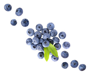 Wall Mural - Fresh ripe blueberries in air on white background