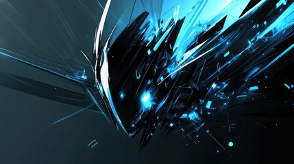 Abstract dark blue and black digital art with sharp lines and bright light.