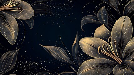 Poster - Elegant gold lilies on dark background.