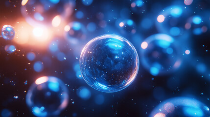 Wall Mural - a rhythmic arrangement of glowing spheres with bright highlights reflected in a deep blue space.