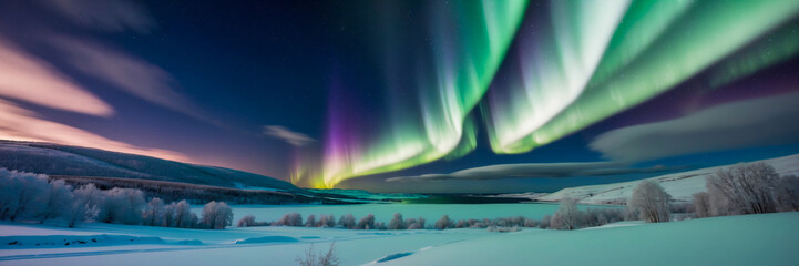 a mesmerizing aurora borealis illuminating the night sky above a snowy landscape, creating a surreal