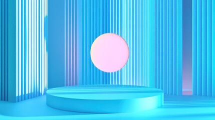 Wall Mural - Abstract pastel blue scene with a floating sphere and cylindrical platform.