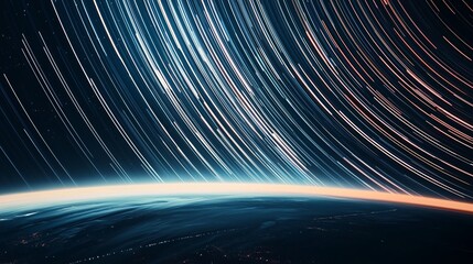 Wall Mural - Star Trails Over Faint Planetary Horizon Creating Sense of Motion and Stillness in Space with Glowing Arcs and Gradients of Celestial Beauty