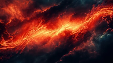 Wall Mural - fiery red lava flow under dramatic cloudy sky, glowing vibrant highlights, isolated textured backgro
