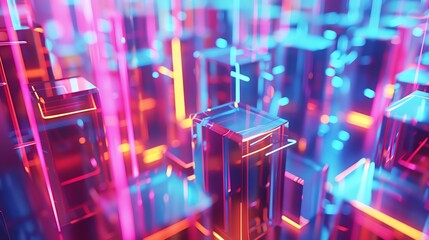 Wall Mural - abstract 3d neon light background with colorful cubes and lines.