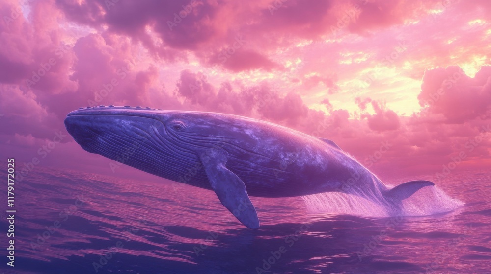 Blue whale gracefully diving into the depths of the ocean, its massive ...