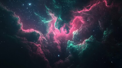 Wall Mural - expanding nebula with pink and green tones, stars scattered within its glowing clouds