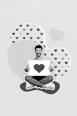 Wall Mural - Photo collage artwork minimal picture of excited funny guy rising heart billboard looking for girlfriend isolated drawing background