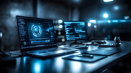 Laptop Displays Futuristic Code in Dark Room with Monitor, Enhancing Technological Atmosphere