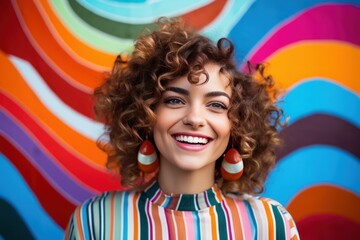 Happy young woman with curly hair, colorful earrings, and striped shirt smiling against a vibrant rainbow wall