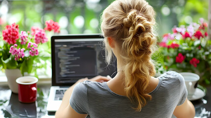 Woman Codes on Laptop with Coffee and Flowers on Balcony, Enjoying a Productive Morning at Home