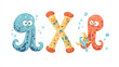 © Cavad - Sea animals in underwater font, letter X of funny cartoon squids, vector undersea alphabet. Sea animals font or ocean ABC typeface with cartoon characters of squids in letter X for underwater type
