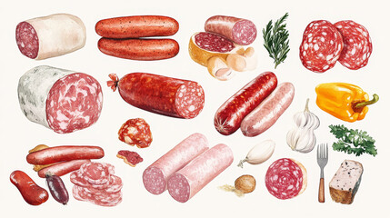 Meat and sausage watercolor food set. Sausage, ham, bacon, salami, smoked frankfurter, pepperoni, bologna and gammon meat product for butcher shop, meat store, grill menu design