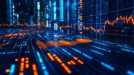 Abstract Data Stream Flows Across Futuristic Cityscape with Glowing Charts and Graphs