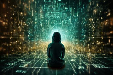 Wall Mural - hacker wearing a hoodie is sitting and meditating inside a virtual reality simulation of cyberspace 