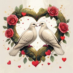 Wall Mural - valentine background with hearts and flowers, pair of pigeons