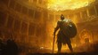 © Валерий Тодаренко - Fierce gladiator standing triumphant in an ancient coliseum, bathed in golden light, holding a spiked shield and a sword, with a roaring crowd in the background