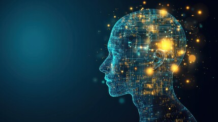 A wireframe head glowing with circuits and binary codes, symbolizing AI technology and machine learning advancements