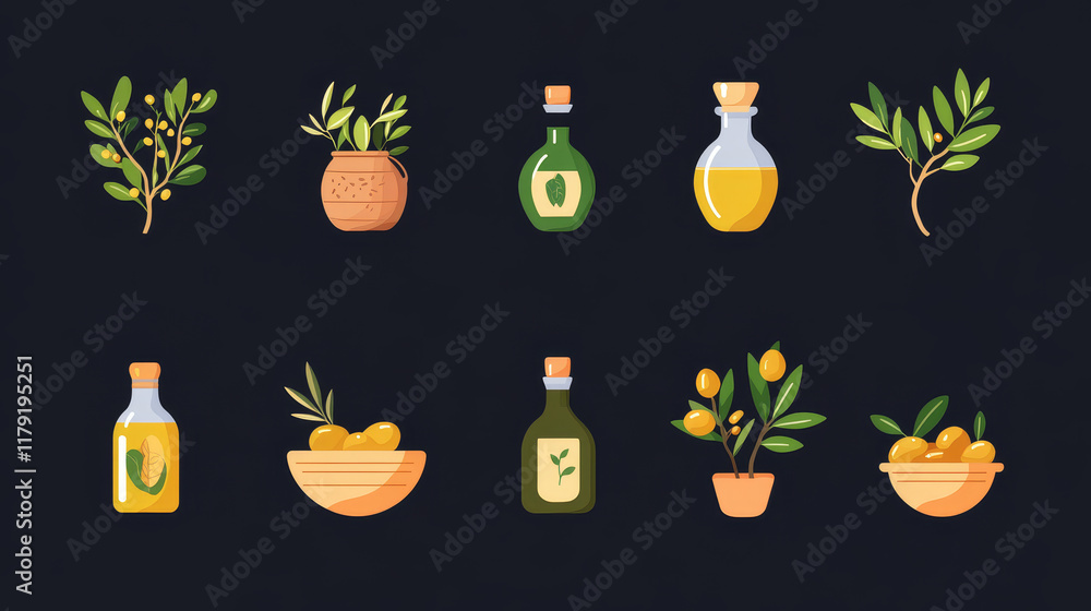Olives vector icons of olive oil seasoning or dressing bottle, tree ...