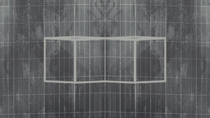 Fototapete - Symmetrical digital loop animation in a minimalist style where white geometric flat rectangles are transformed to create the optical illusion of a cube against a dark scratched surface. 3d rendering