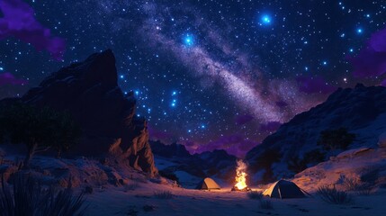 Wall Mural - desert landscape under a star-filled sky, with a campfire crackling and tents glowing faintly