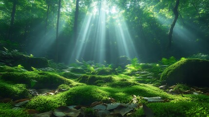 Sunbeams illuminating mossy forest floor. (2)