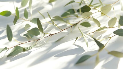 Wall Mural - Sunlight illuminates eucalyptus branches and leaves on white background.