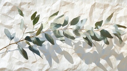 Wall Mural - Eucalyptus branch with shadows on crumpled fabric background.