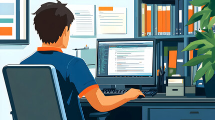 Man works on computer code in a modern office environment with notes and files organized neatly.