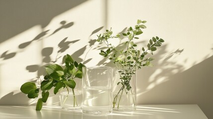 Wall Mural - Sunlit greenery in glass vases on white surface.