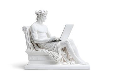 Realistic classic gypsum statue of man using a laptop for IT isolated on white background