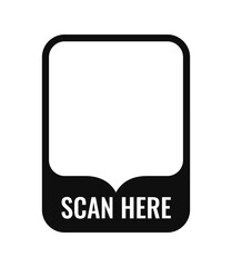 minimalistic black-and-white qr code frame with scan here text at the bottom, placed on a plain whit