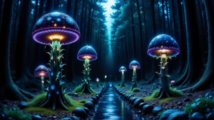 Wall Mural - A group of glowing mushrooms in a forest. The mushrooms are lit up and appear to be glowing in the dark